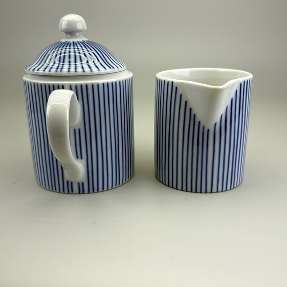 Fitz and Floyd Les Bands Blue and White Striped Sugar Creamer Set - Picture 3 of 15